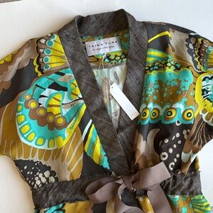 Trina Turk Brown Colorful Butterfly Linen Silk Wrap Blouse Travel Women’s Size 8